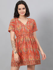 Kotty Orange Ethnic Motif Printed Fit & Flare Mini Dress