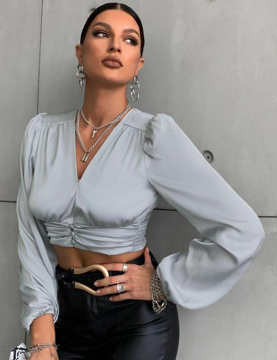 Kotty Grey Tie-Up Neck Satin Crop Top