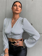 Kotty Grey Tie-Up Neck Satin Crop Top