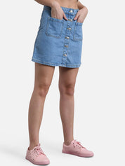 Kotty Women Blue Solid Denim Mini A-Line Skirt