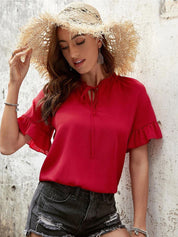Kotty Red Tie-Up Neck Extended Ruffled Sleeve Regular Top