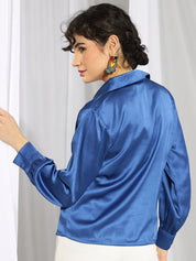 KOTTY BIZwear Blue Relaxed Cuban Collar Satin Casual Shirt
