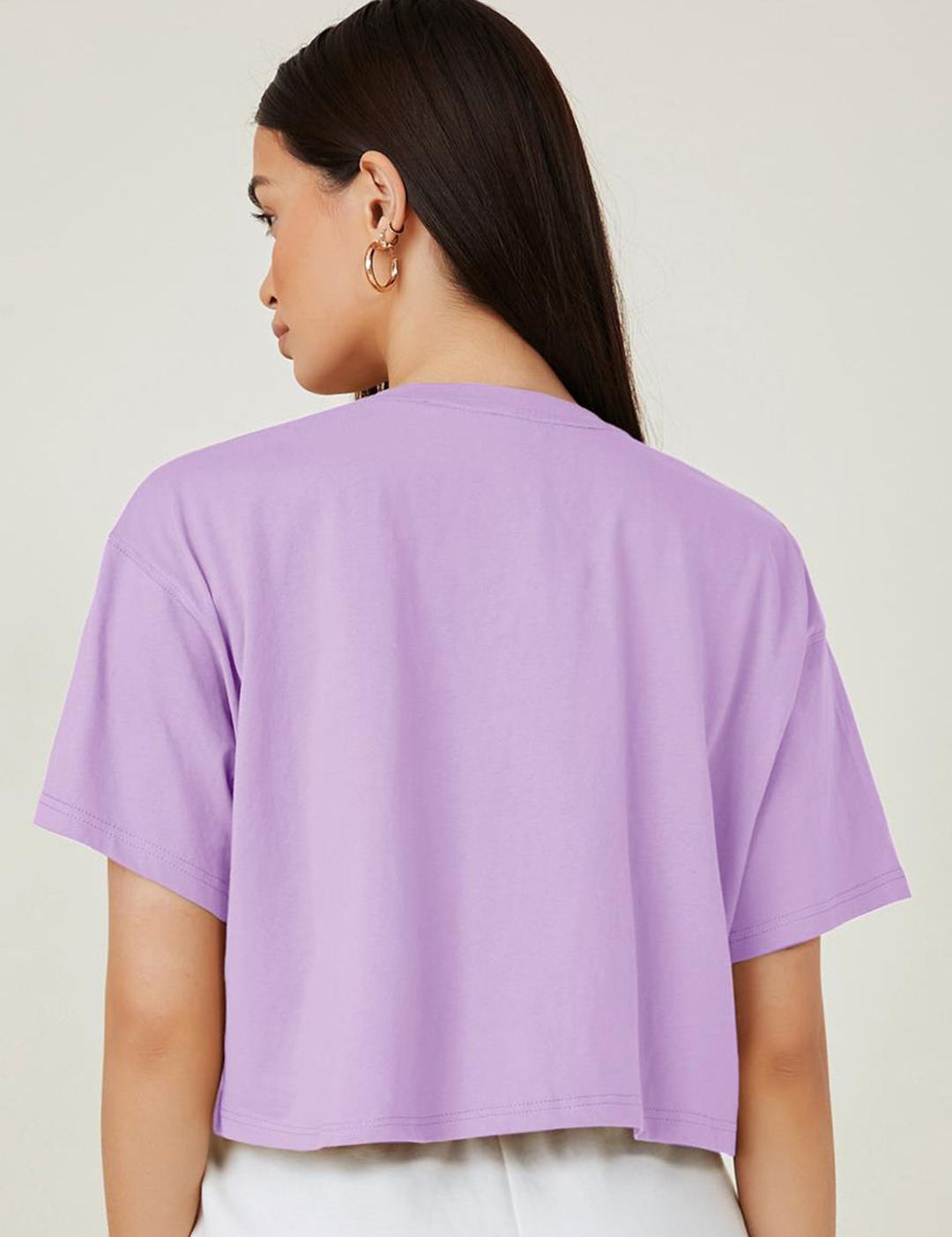 Kotty Purple Printed Round Neck Drop-Shoulder Sleeves Crop Oversized T-shirt