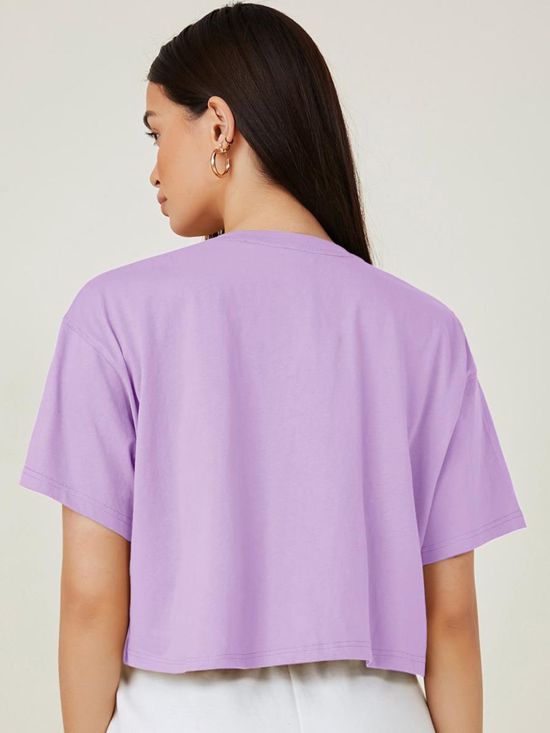 Kotty Purple Printed Round Neck Drop-Shoulder Sleeves Crop Oversized T-shirt