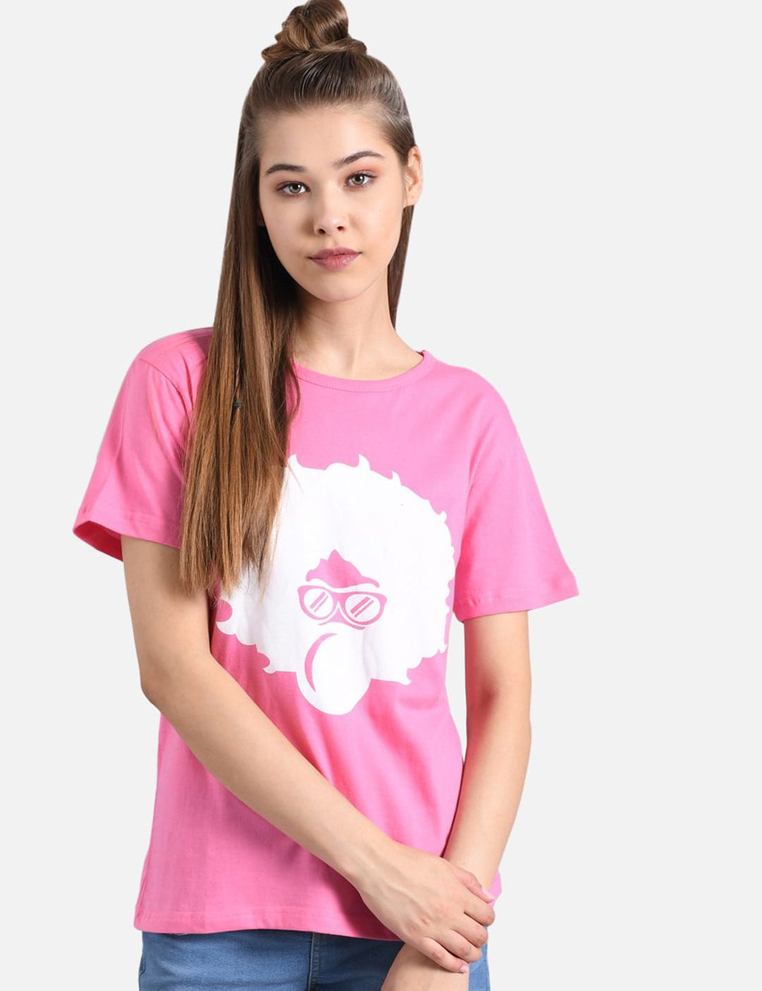 Kotty Women Pink & White Printed Round Neck T-shirt
