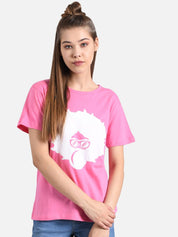 Kotty Women Pink & White Printed Round Neck T-shirt