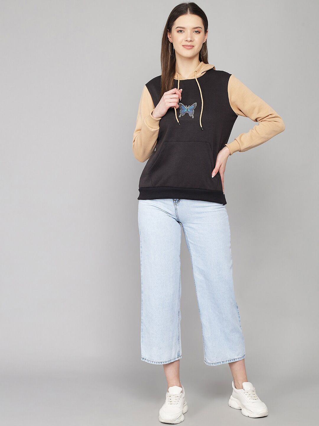 Kotty Women Black Printed Hooded Fleece Sweatshirt