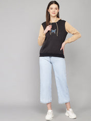 Kotty Women Black Printed Hooded Fleece Sweatshirt