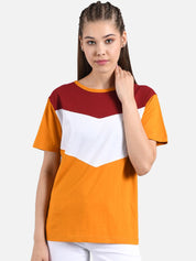 Kotty Women Mustard Yellow & White Colourblocked Boat Neck T-shirt