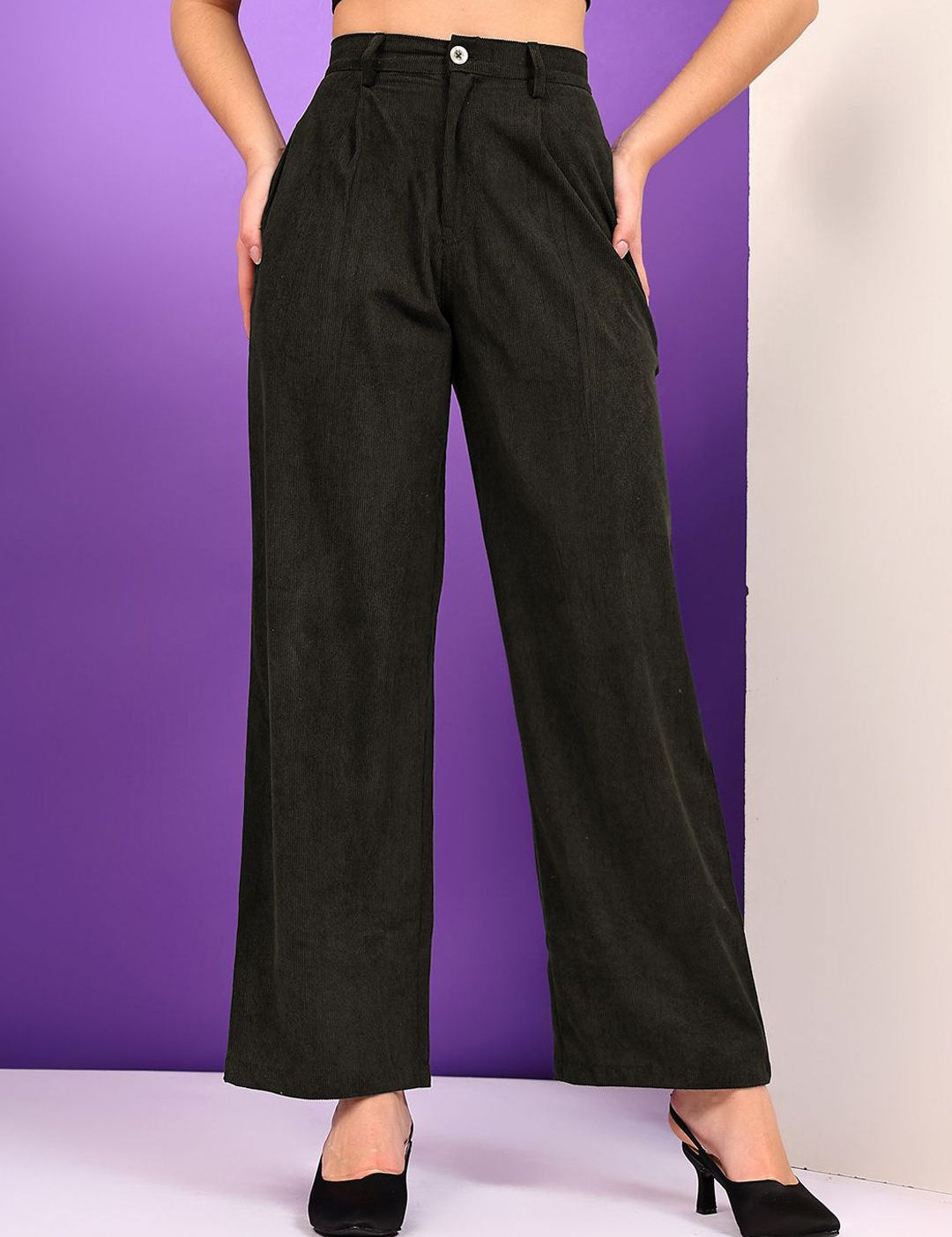 Kotty Women Loose Fit High-Rise Corduroy Pleated Trousers