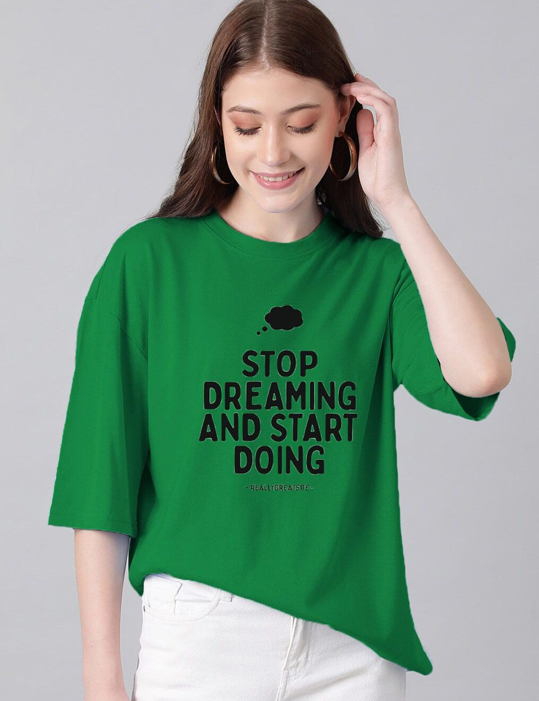 Kotty Green & Black Typography Printed Drop Shoulder Sleeves Oversized Casual T-Shirt