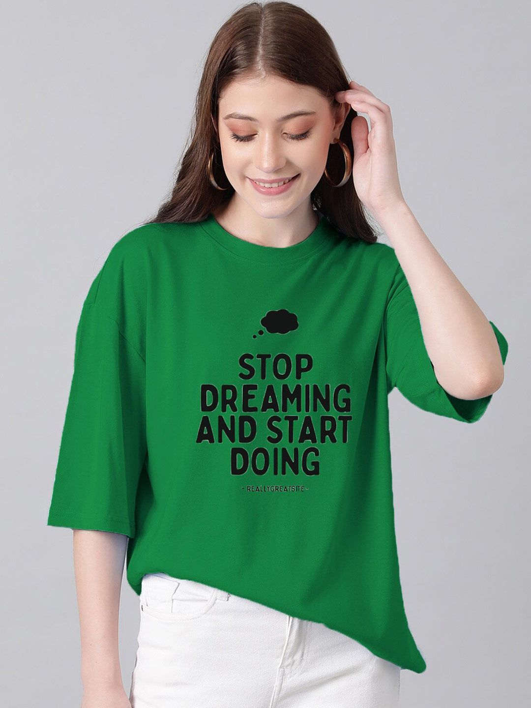 Kotty Green & Black Typography Printed Drop Shoulder Sleeves Oversized Casual T-Shirt