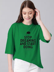 Kotty Green & Black Typography Printed Drop Shoulder Sleeves Oversized Casual T-Shirt
