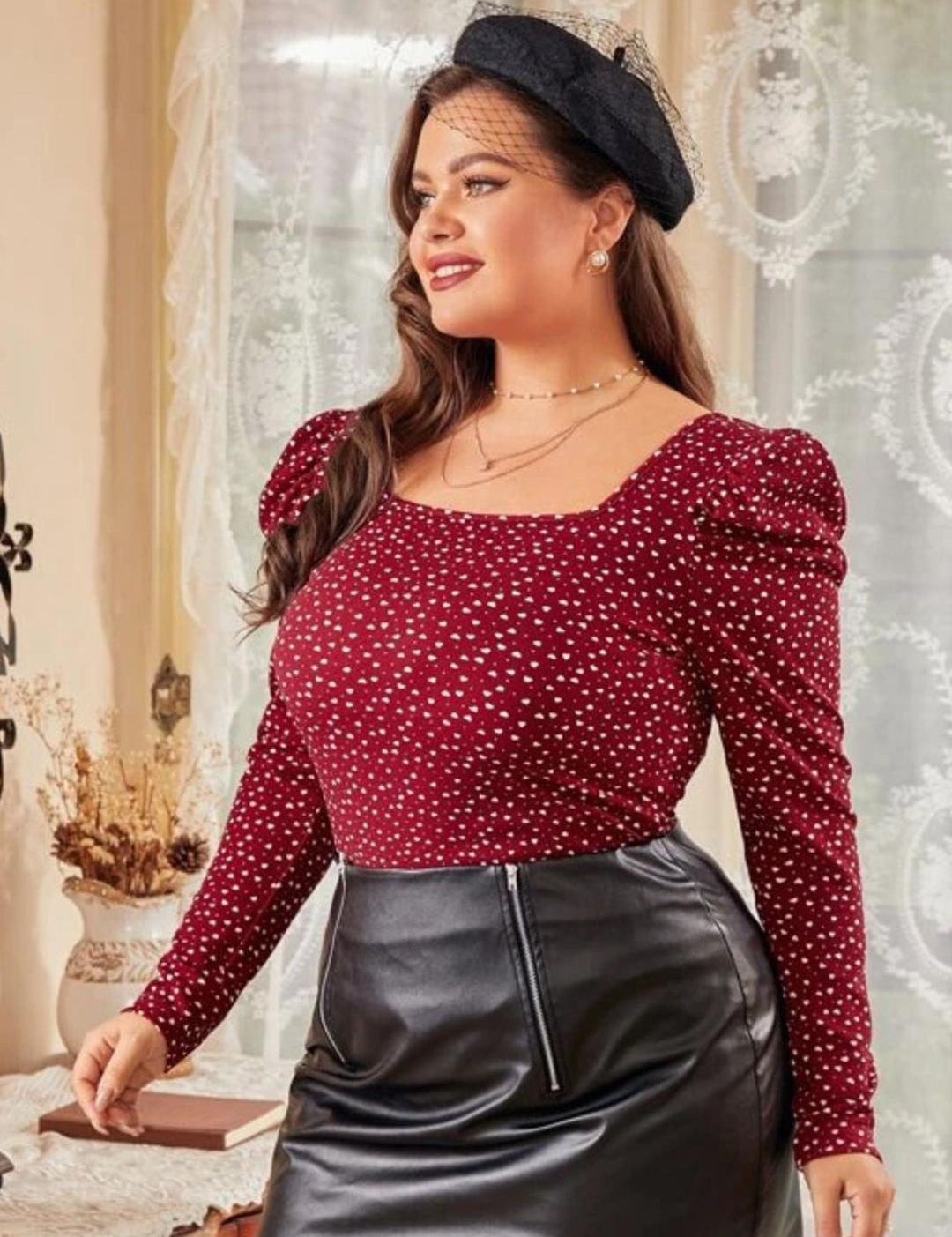 KOTTY Plus Size Polka Dot Printed Puff Sleeve Crepe Top