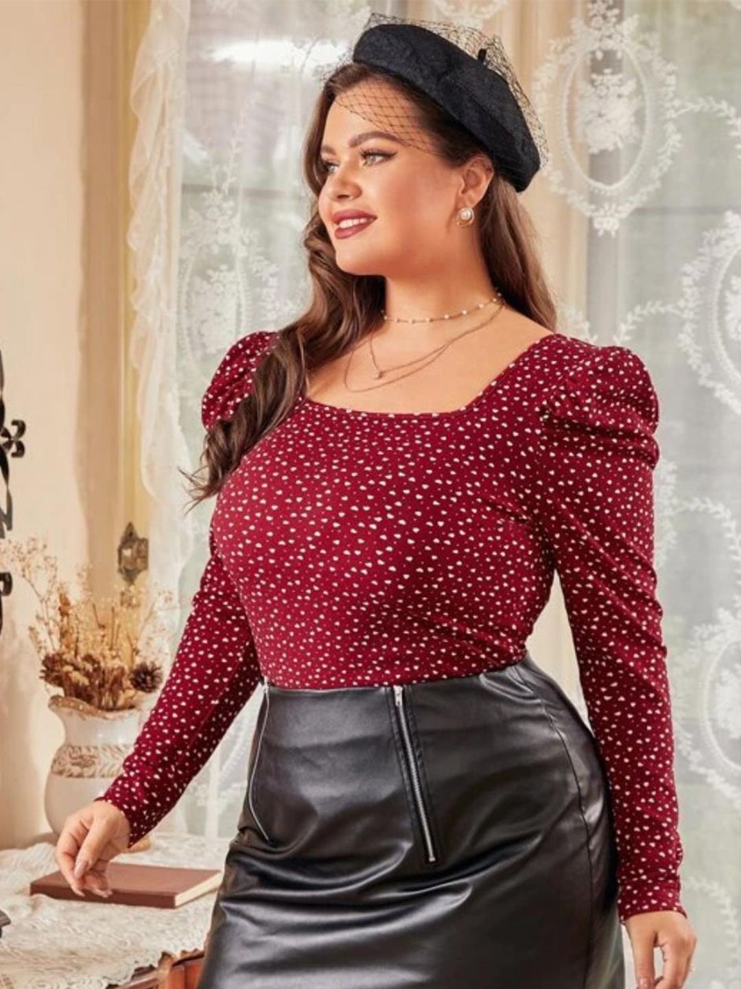 KOTTY Plus Size Polka Dot Printed Puff Sleeve Crepe Top
