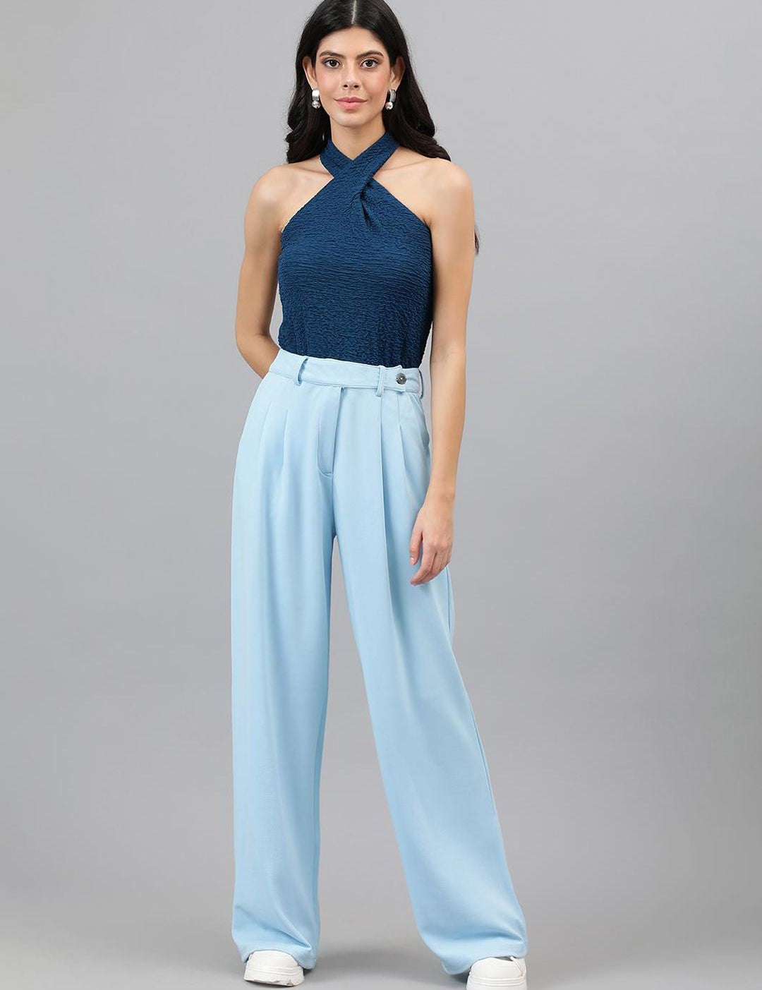 Kotty Women Blue Relaxed Straight Leg High-Rise Easy Wash Pleated Parallel Trousers