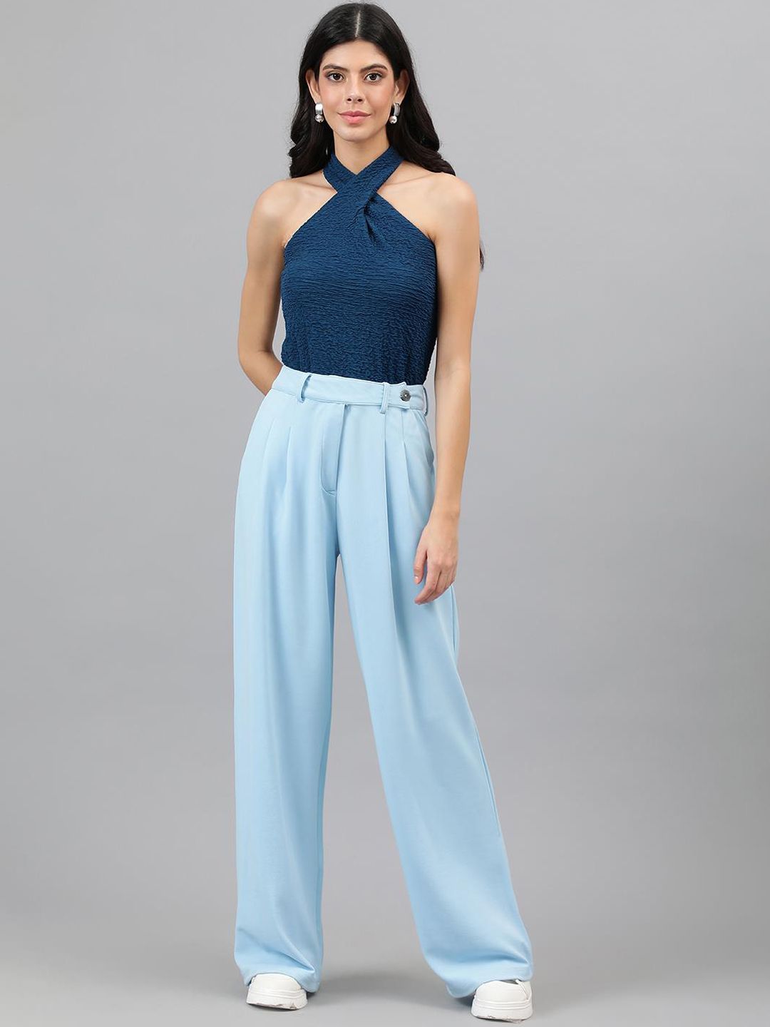 Kotty Women Blue Relaxed Straight Leg High-Rise Easy Wash Pleated Parallel Trousers
