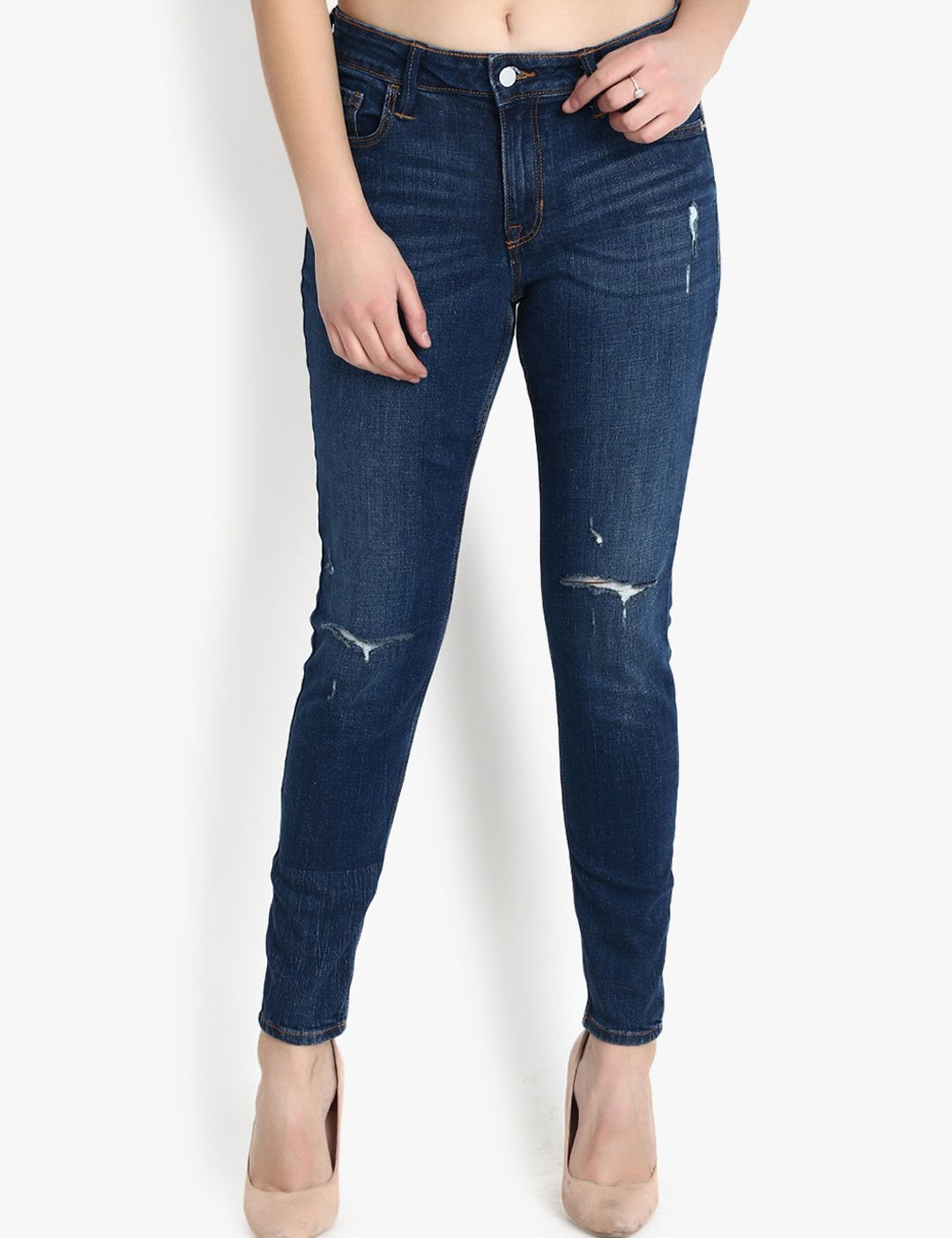 Kotty Women Navy Blue Skinny Fit Mid-Rise Slash Knee Jeans