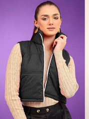 Kotty Women Mock Collar Solid Cotton Insulator Crop Gilet Jacket