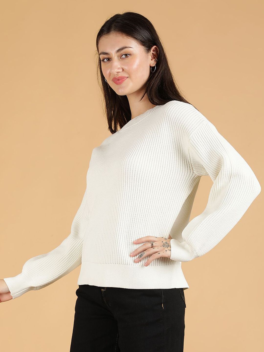 Kotty Women Cable Knit Cotton Ribbed Pullover