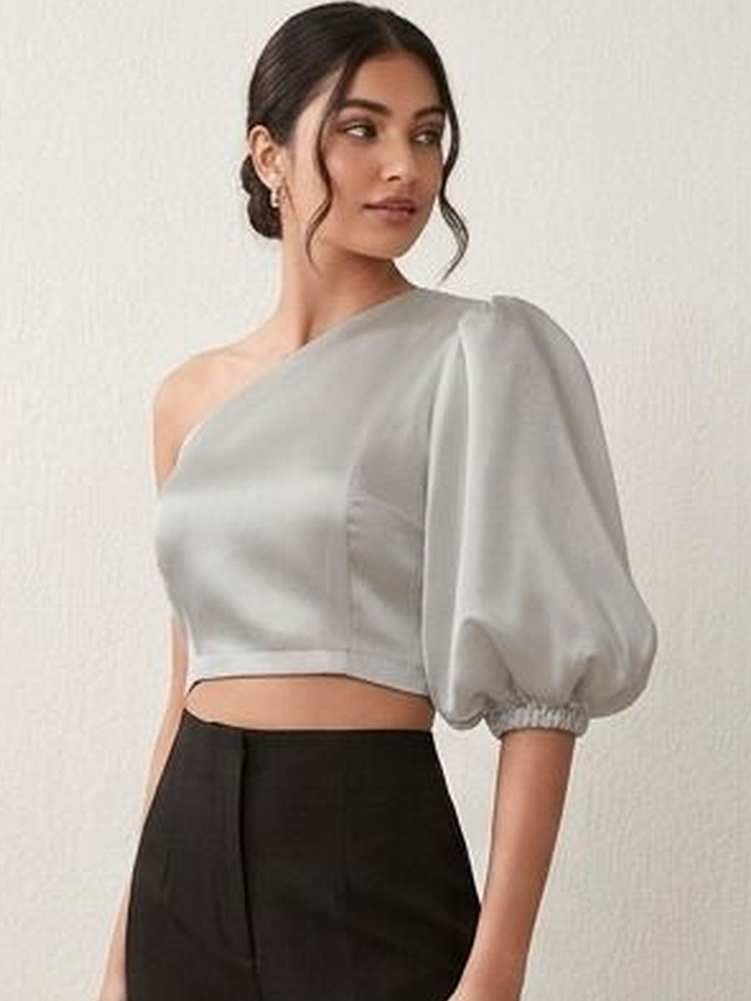 Kotty Top Charcoal Grey Women's Crop Puff-Sleeves Three-Quarter-Sleeve
