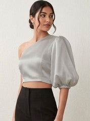 Kotty Top Charcoal Grey Women's Crop Puff-Sleeves Three-Quarter-Sleeve