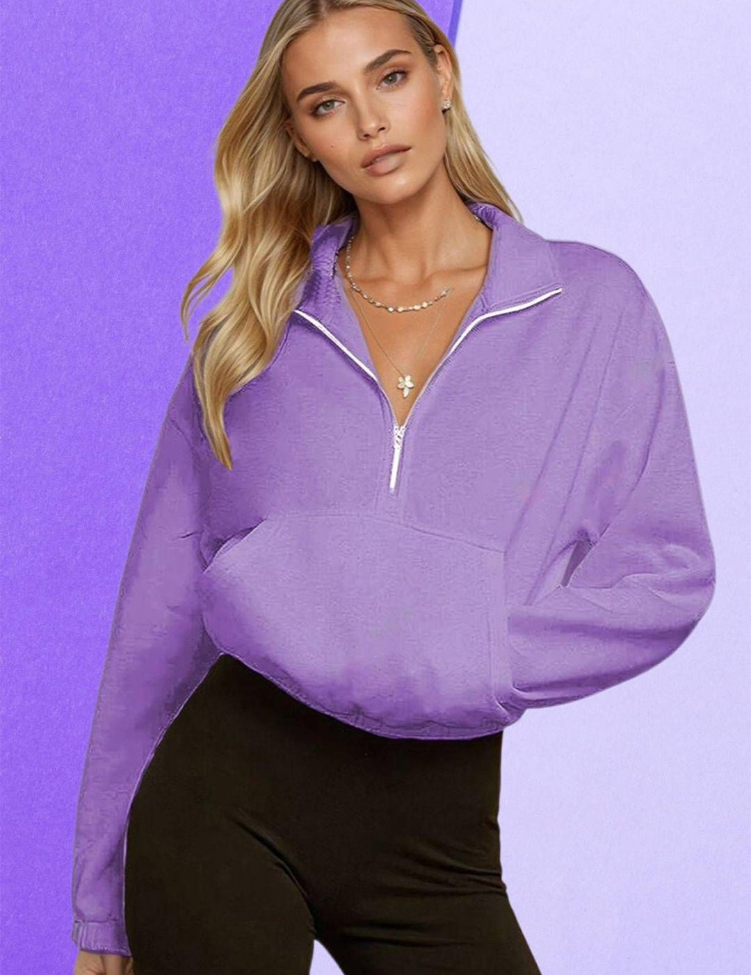 Kotty Women Solid Shirt Collar Full Sleeve Half Zipper Crop Sweatshirt