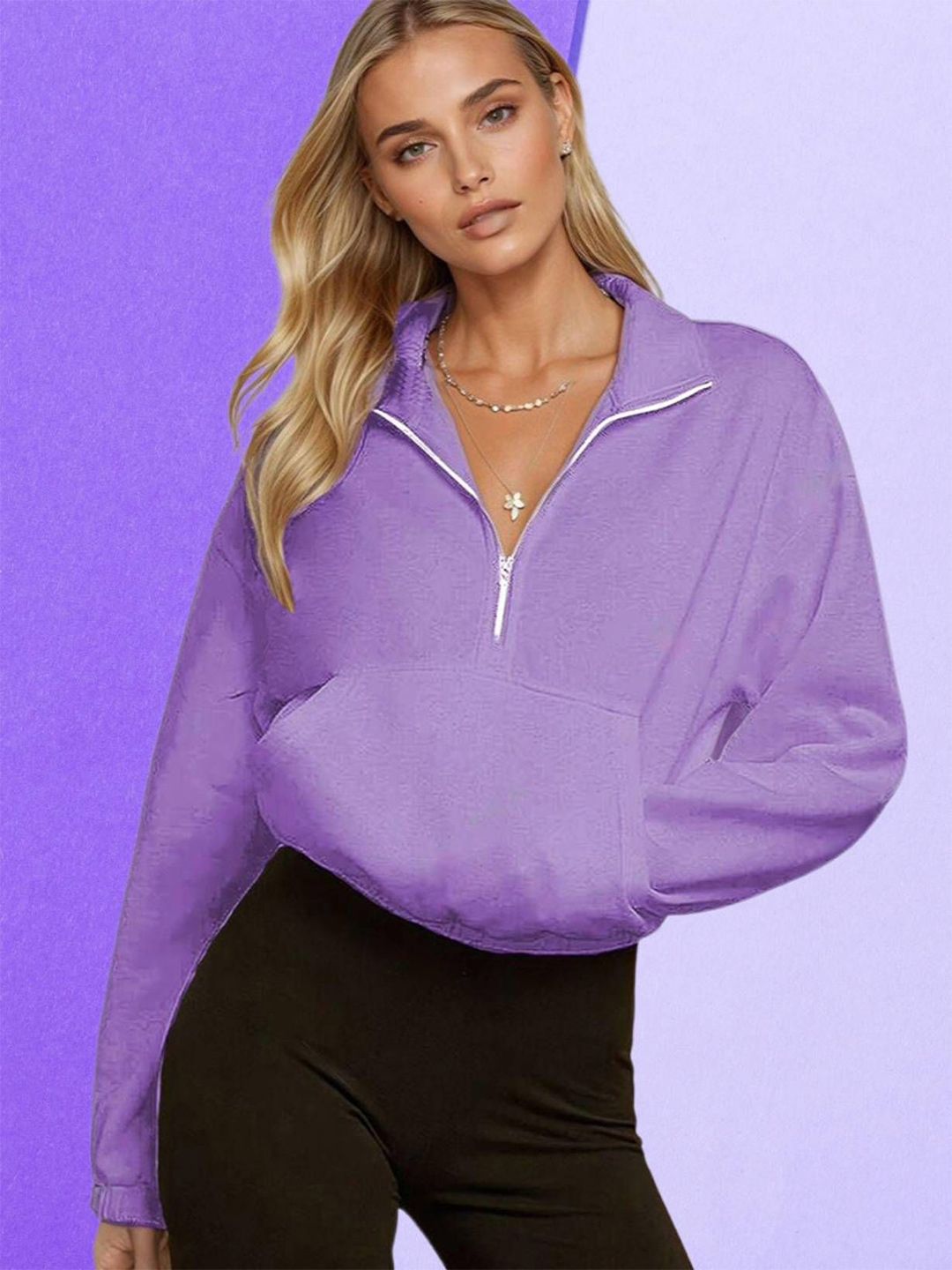 Kotty Women Solid Shirt Collar Full Sleeve Half Zipper Crop Sweatshirt