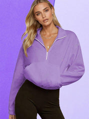 Kotty Women Solid Shirt Collar Full Sleeve Half Zipper Crop Sweatshirt