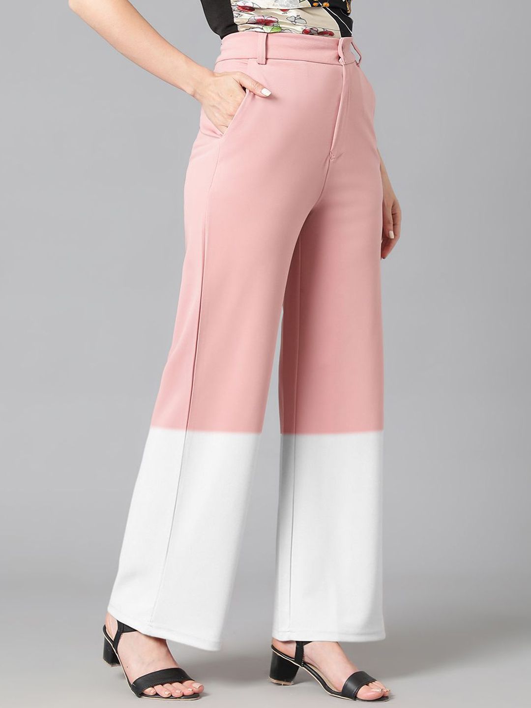 Kotty Women Solid Colourblocked High-Rise Easy Wash Trousers