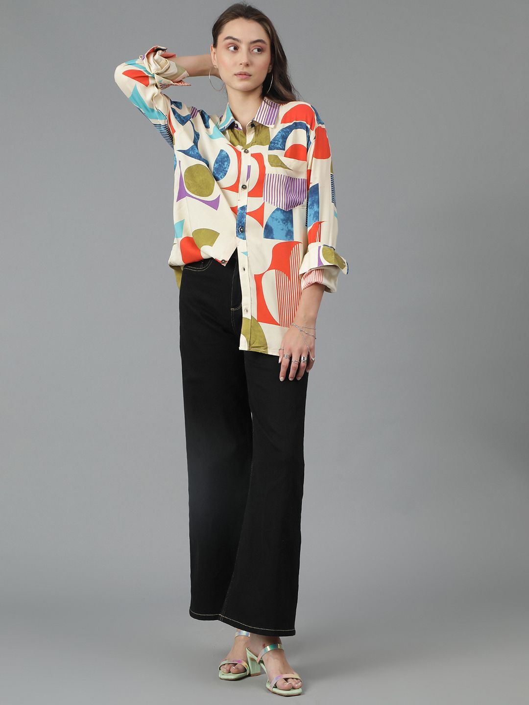 Kotty Women Spread Collar Abstract Printed Cotton Oversized Casual Shirt