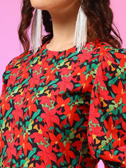 Kotty Women Printed Puffed Sleeves Fit & Flare Mini Dress