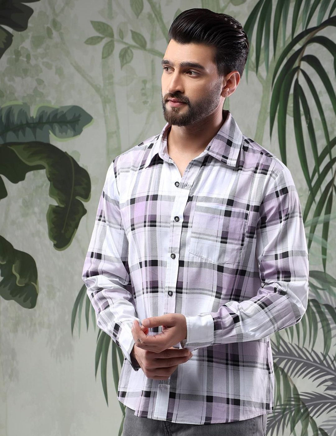 Kotty Men Spread Collar Tartan Checked Casual Shirt