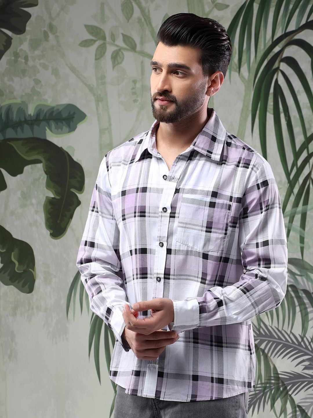 Kotty Men Spread Collar Tartan Checked Casual Shirt