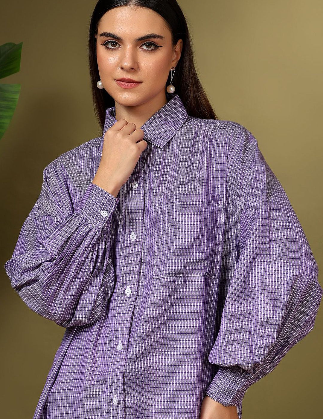 Kotty Women Oversized Fit Spread Collar Micro Checked Cotton Casual Shirt