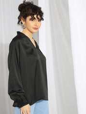 Kotty Women V-Neck Long Sleeves Satin Top