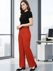Red Regular Fit High-Rise Trousers for Women – Chic Solid Design | Kotty