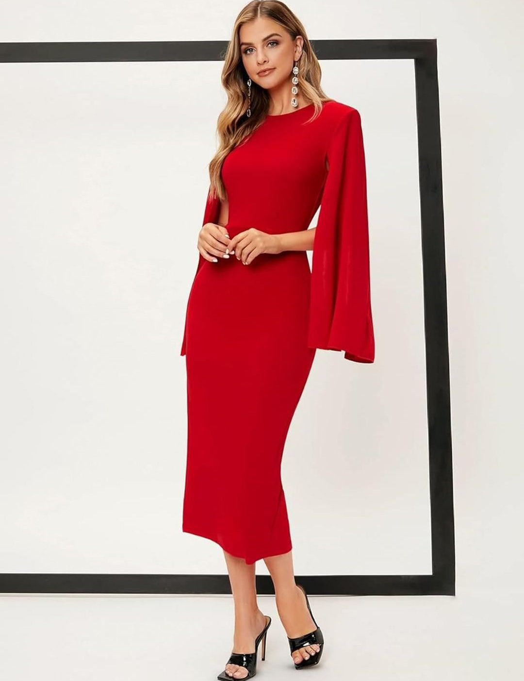 Kotty Women Slit Sleeves Bodycon Midi Dress