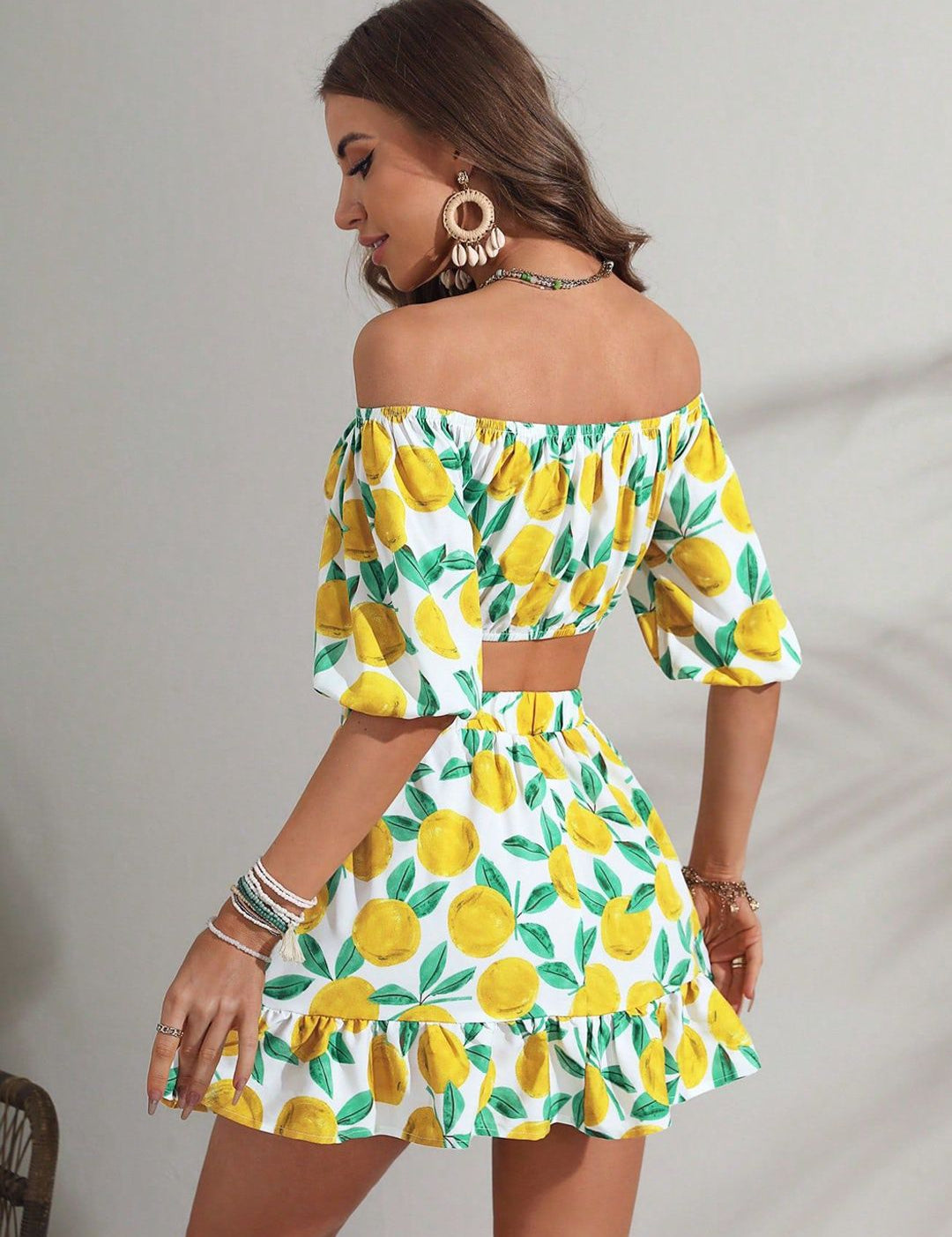 Kotty White & Yellow Printed Off-Shoulder Crop Top With Skirt
