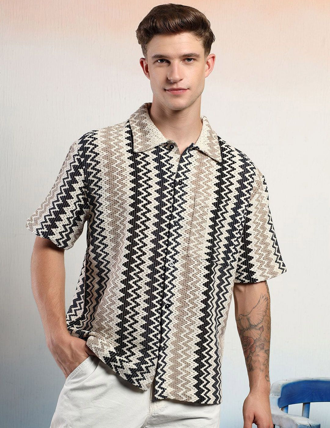 Kotty Men Sheer Striped Casual Shirt