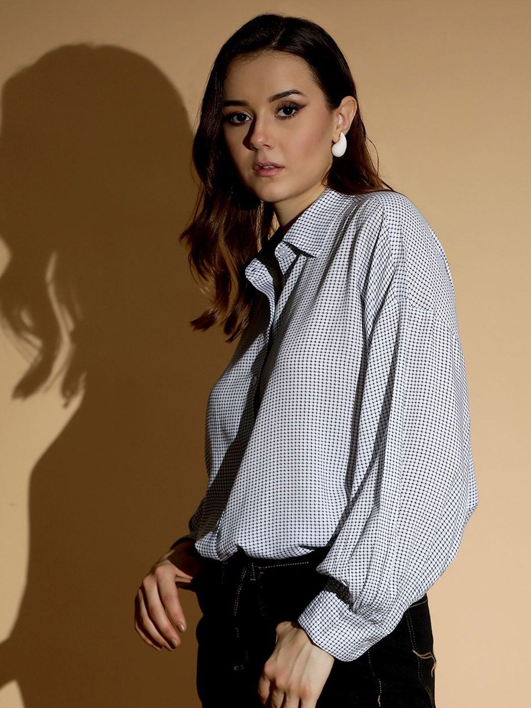 Kotty Women Spread Collar Micro Ditsy Printed Cotton Oversized Casual Shirt