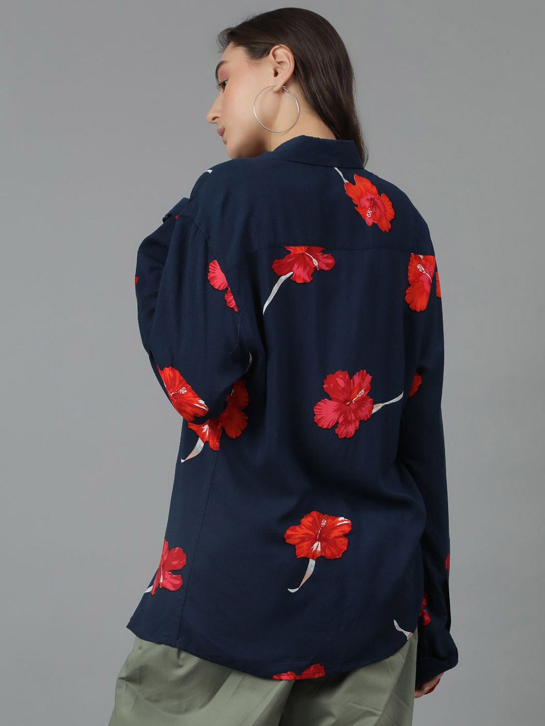 Kotty Women Spread Collar Floral Printed Cotton Oversized Casual Shirt