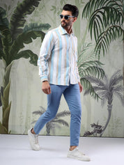 Kotty Men Cutaway Collar Vertical Striped Casual Shirt