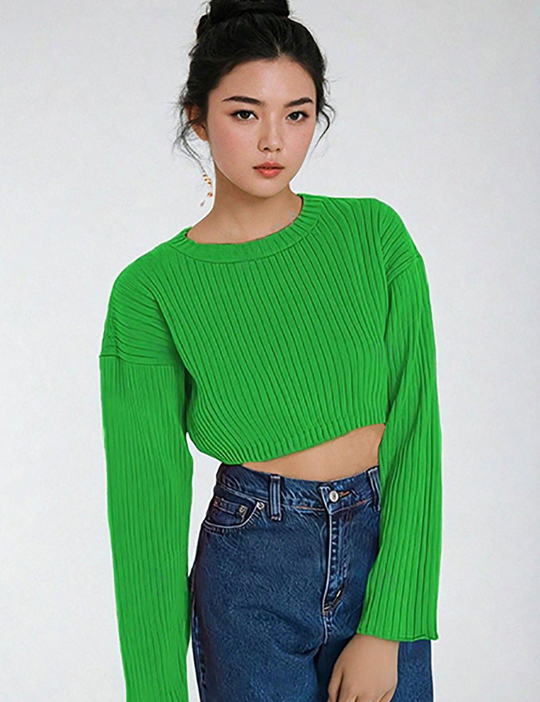 Kotty Women Cotton Solid Round Neck Long Sleeves Crop Pullover