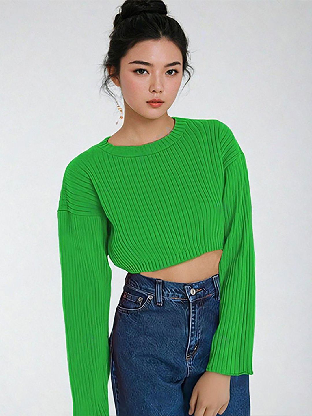 Kotty Women Cotton Solid Round Neck Long Sleeves Crop Pullover
