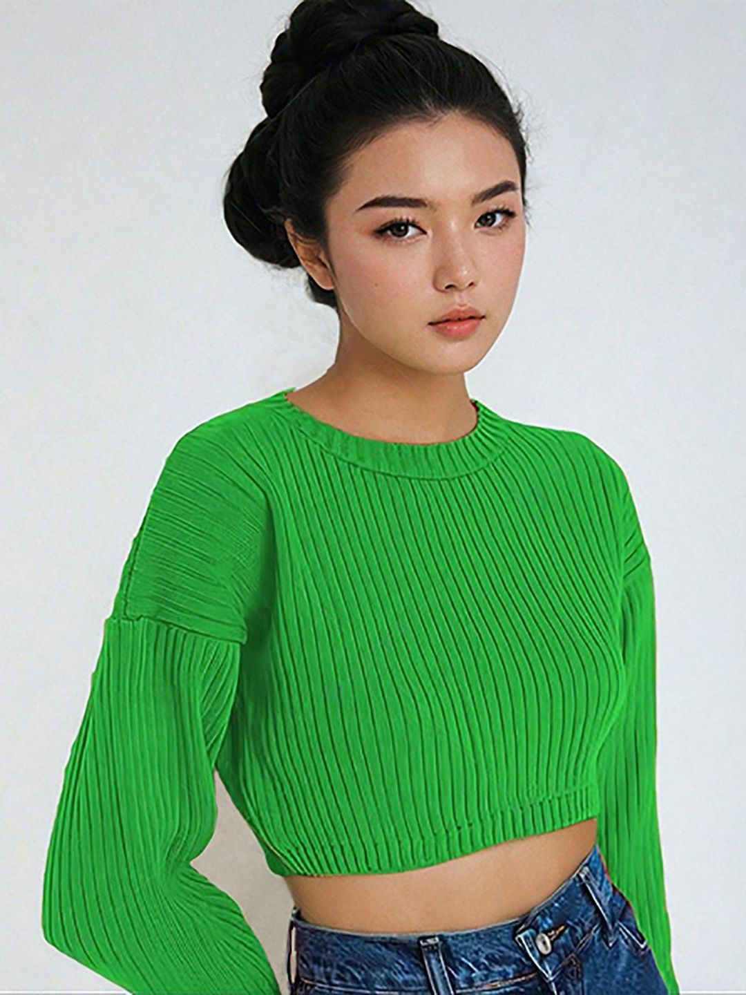 Kotty Women Cotton Solid Round Neck Long Sleeves Crop Pullover