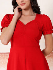 Kotty Women Solid Sweetheart Neck Puff Sleeve A-Line Midi Dress