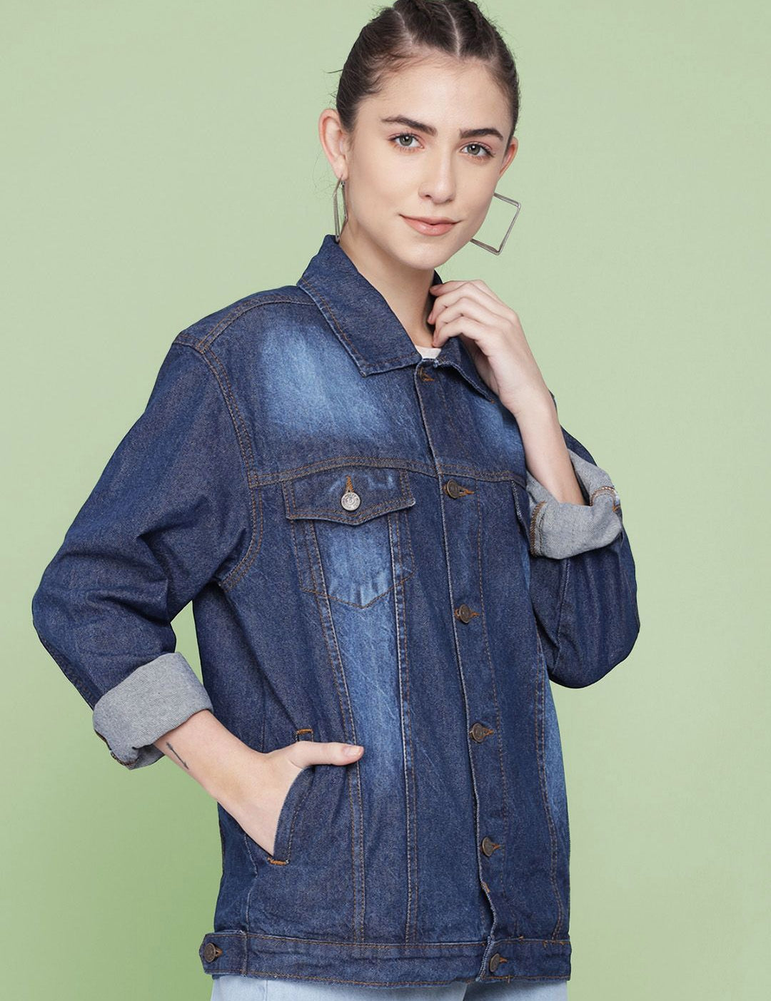 Kotty Women Spread Collar Washed Self Design Cotton Casual Denim Jacket
