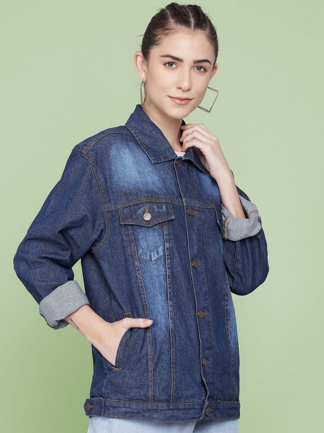 Kotty Women Spread Collar Washed Self Design Cotton Casual Denim Jacket