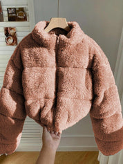 Kotty Women Cozy Double-Sided Teddy Fleece Crop Puffer Jacket